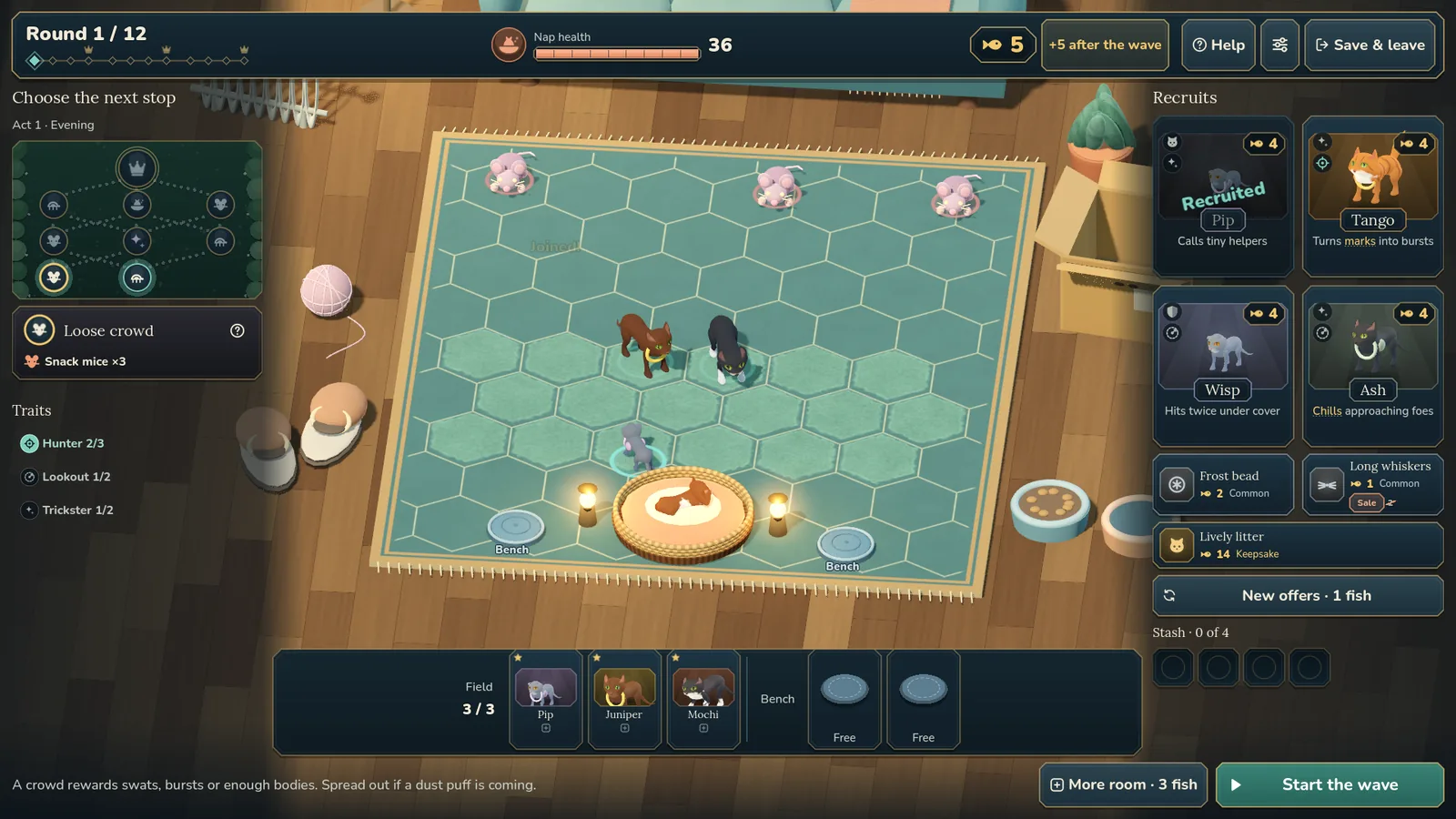 Place your clowder on the hex rug, pick recruits, and choose the next stop.