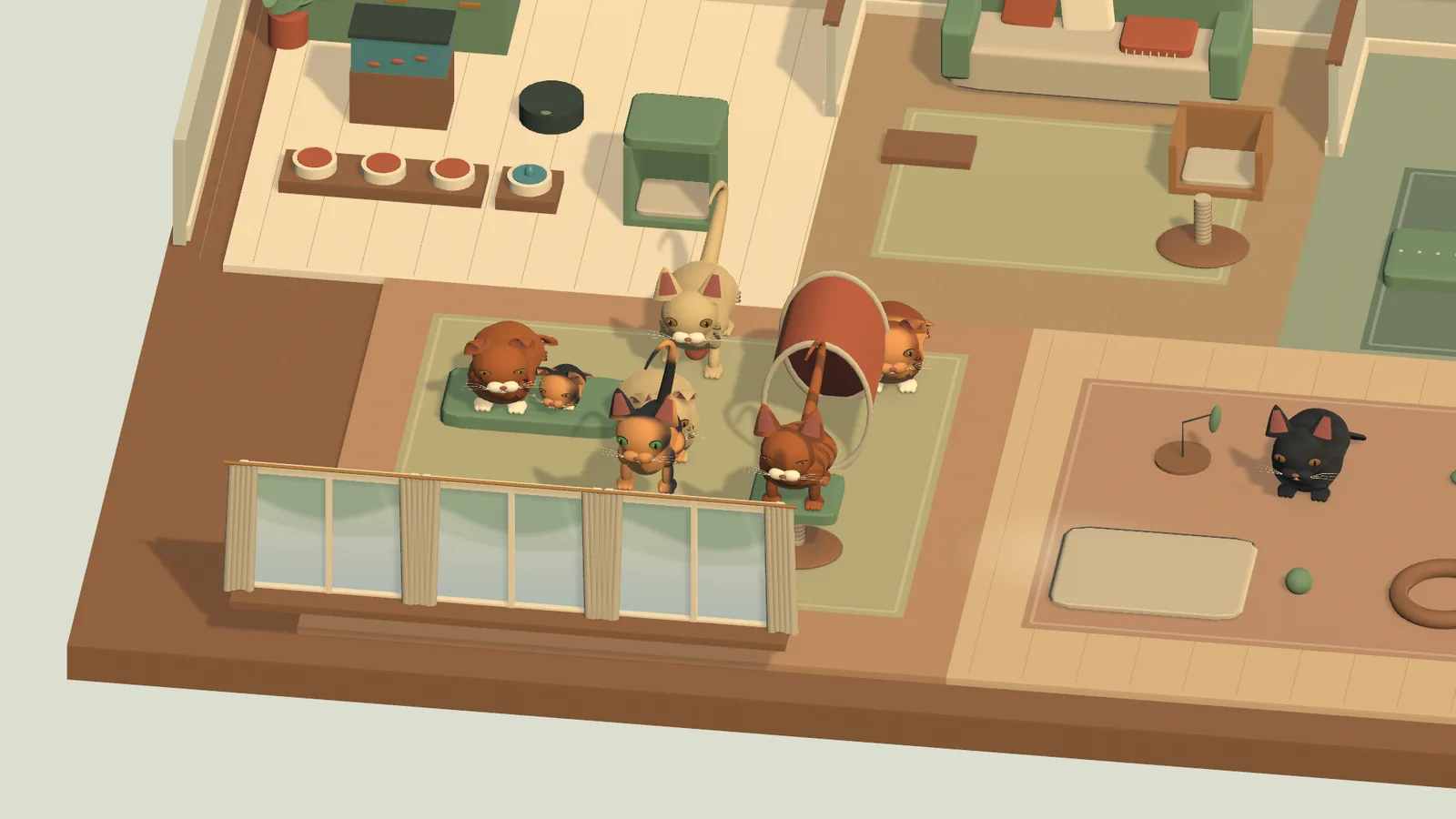 A household of cats around a tunnel and a perch.