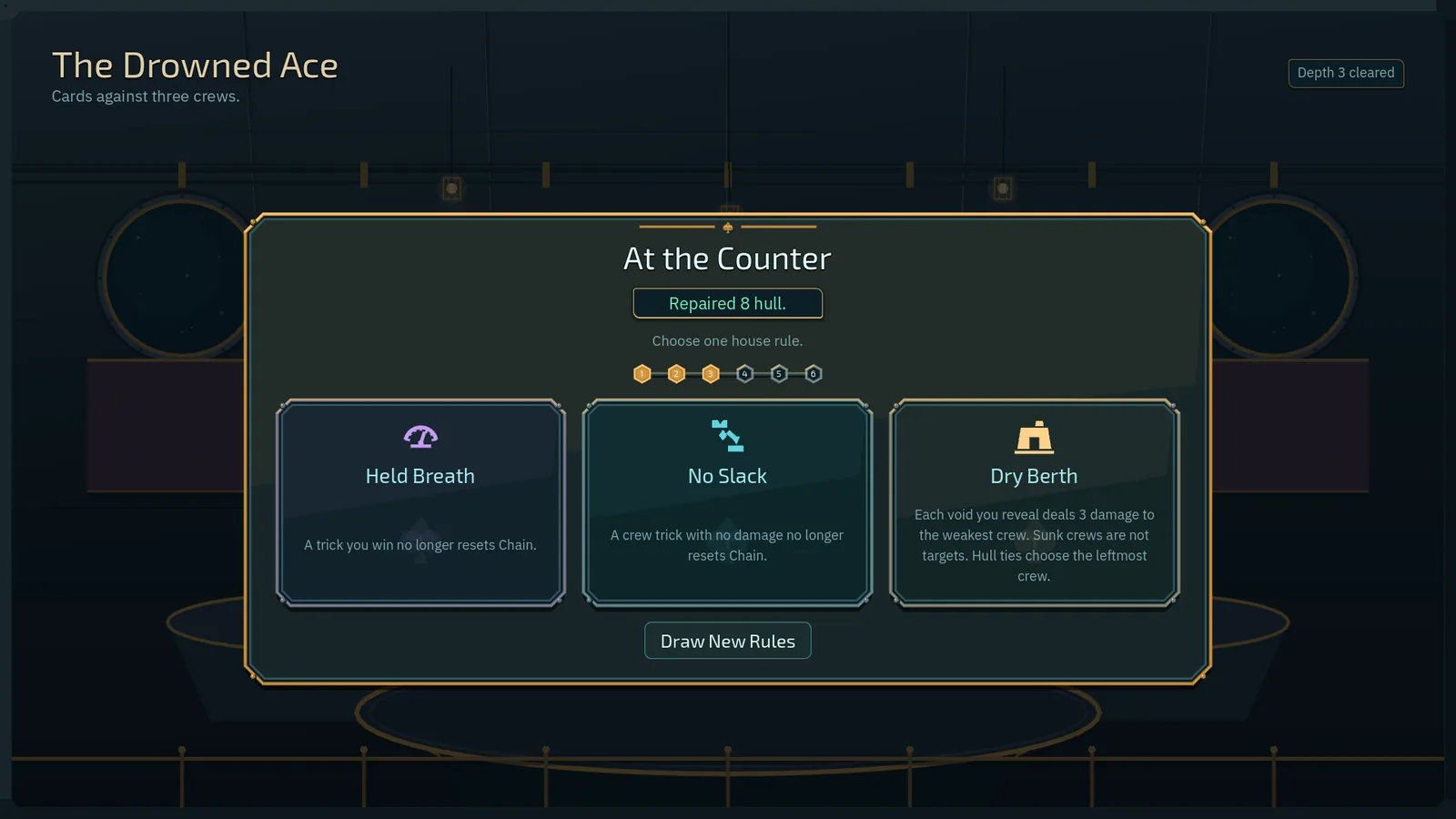 The Drowned Ace. Three house rules are offered after a cleared table.