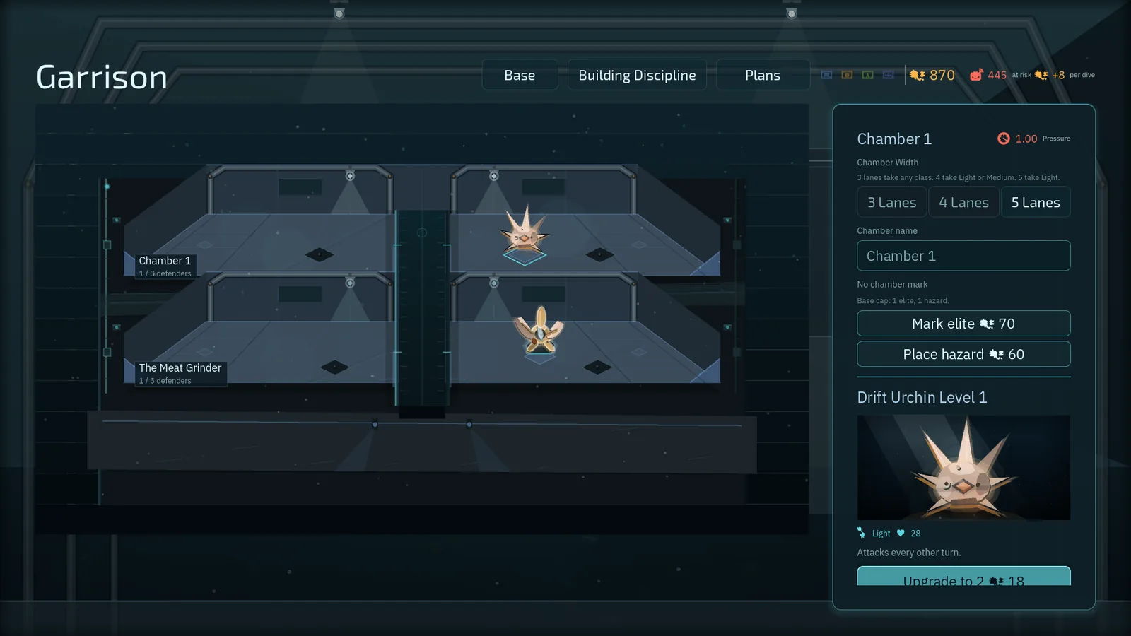 The garrison screen. Chambers and defenses are laid out in the player's base.