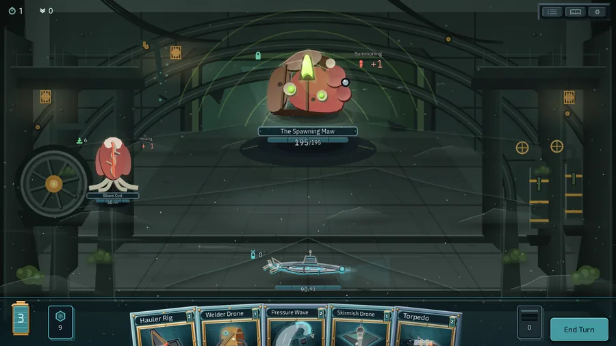 A boss chamber. A large spawning maw faces the player's drones.