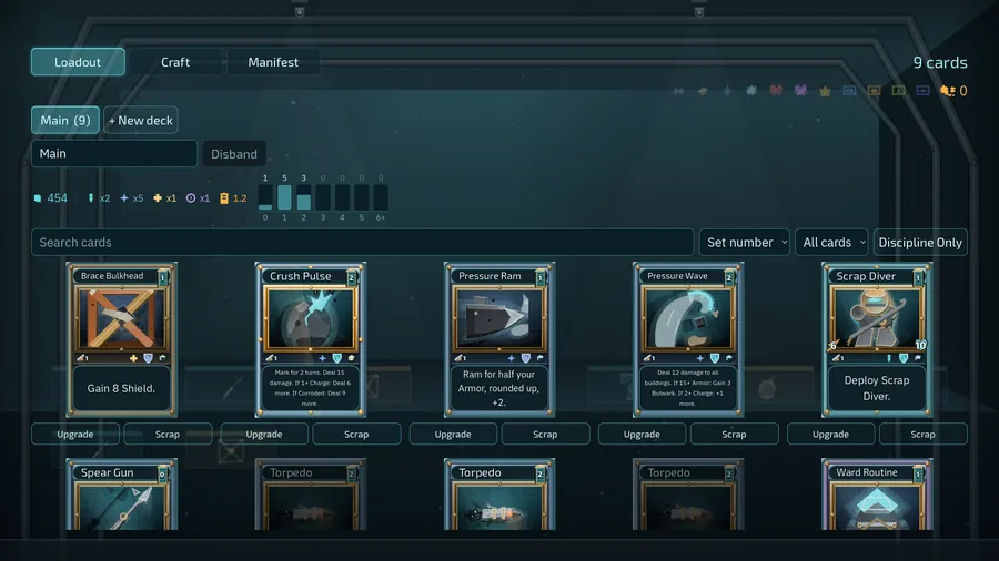 The loadout screen. A deck goes together from a grid of cards.