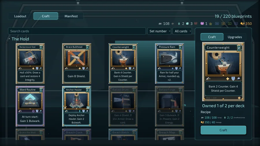The fabrication bench. A card is crafted from recovered blueprints.