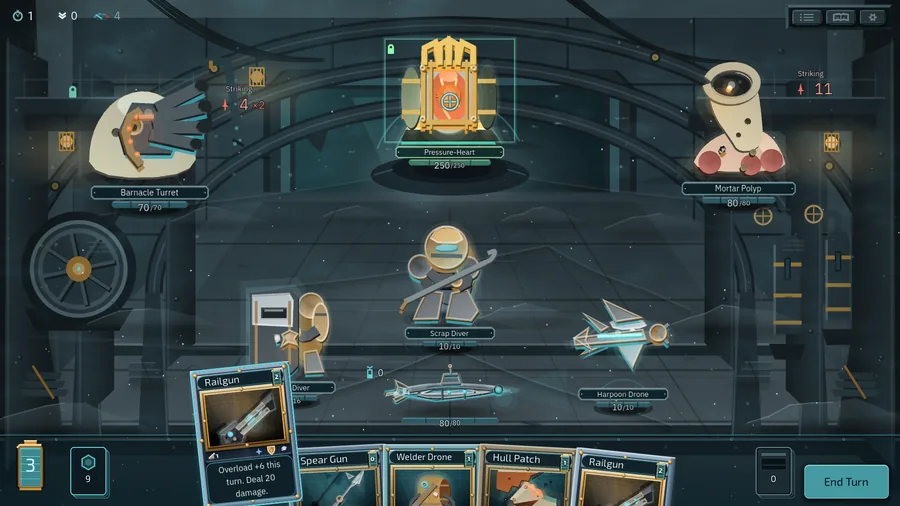 A raid in progress. The player's hand sits below a chamber of defenses.