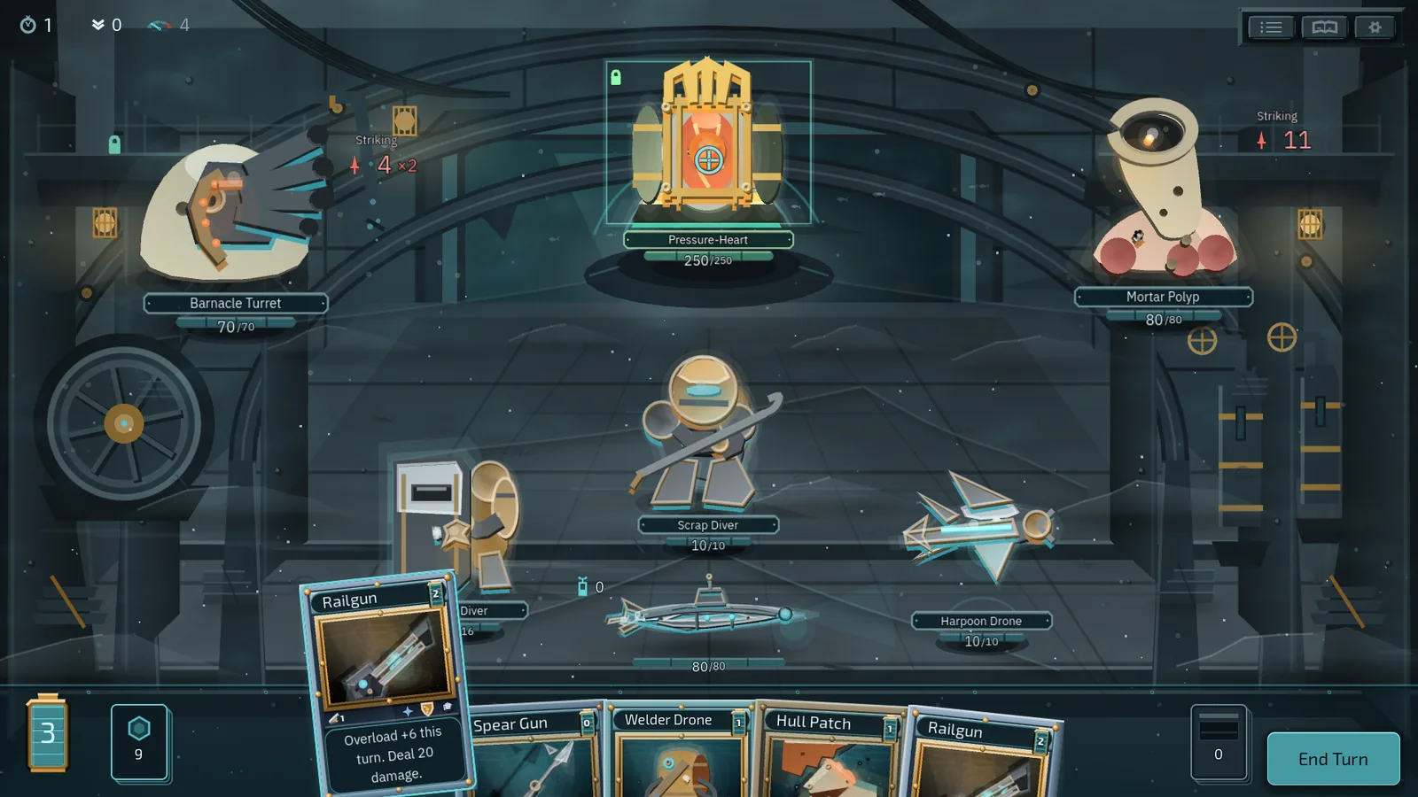 A raid in progress. A turret, a polyp, and the Pressure-Heart face the player's hand.