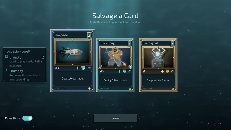 A reward screen. Three cards are offered, one to keep.